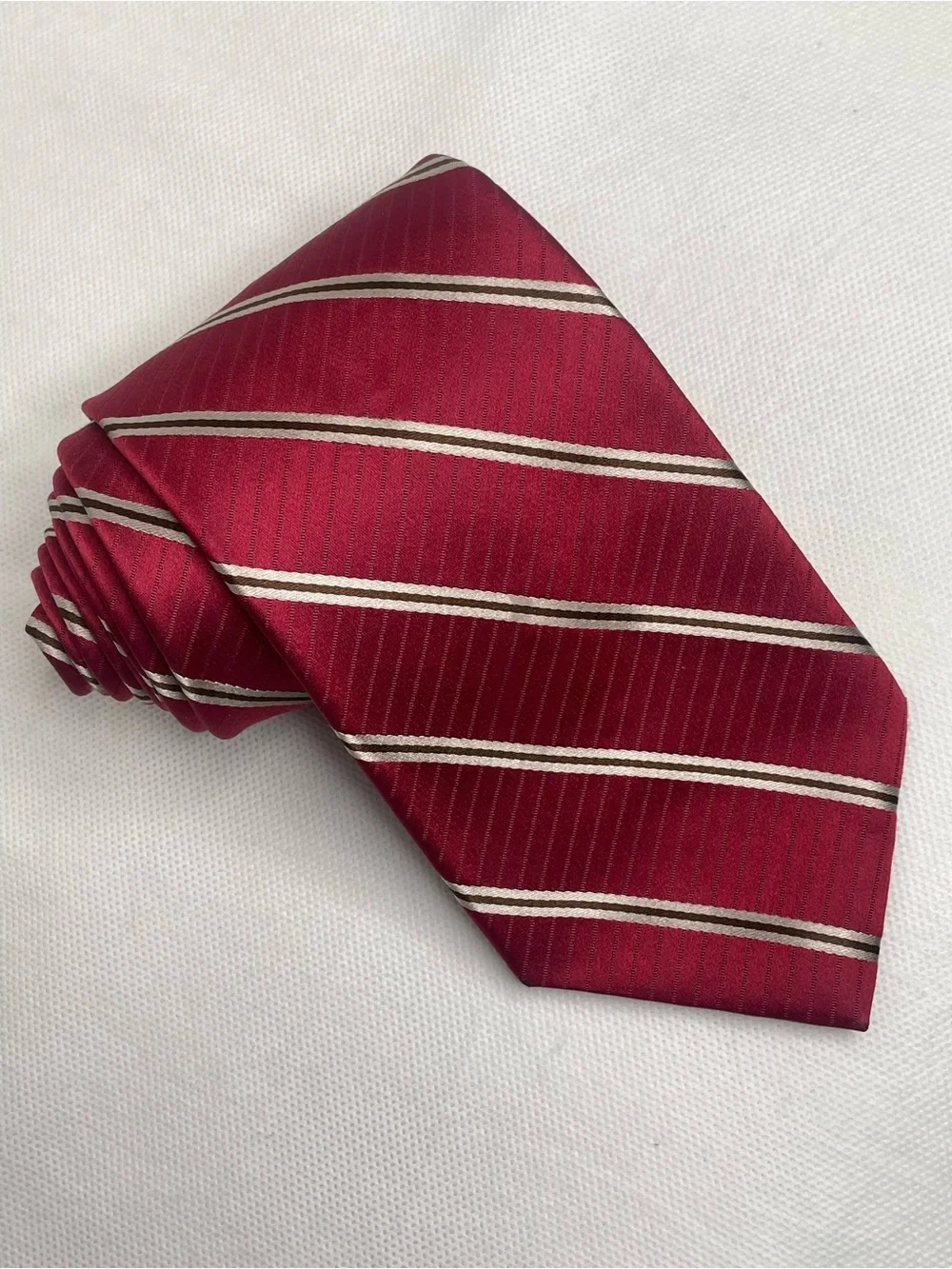 DKNY Champagne Gold Striped Burgundy Red Tie Classic Preppy Necktie Formal USA
